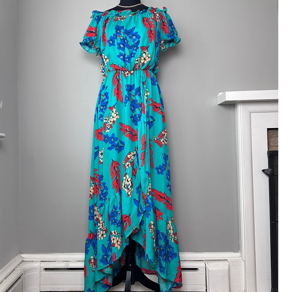 Belle Vere Maxi Dress Small Green Floral Print Off Shoulder Ruffle‎ Trim Cottage - Picture 14 of 16